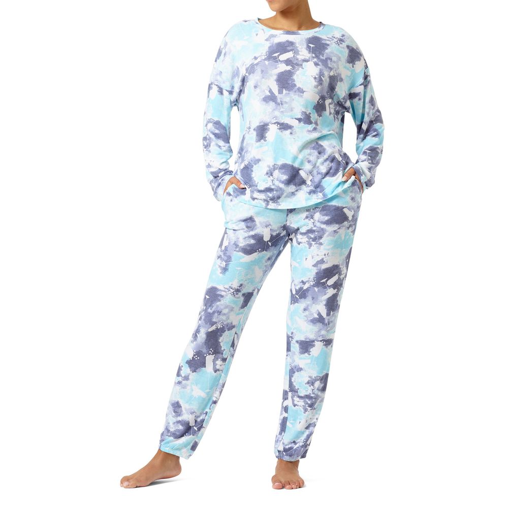 Hue Women's Cloud Tiedye Cocktails Long Sleeve Pj Set Button Blue